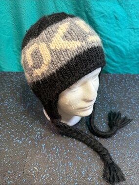 Black and Gray Knit Earflap Hat - Cozy Winter Beanie
